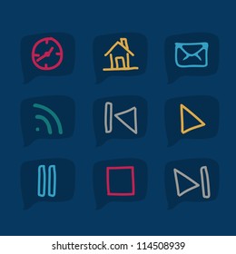 illustration of sketches of icons on blue text bubbles, vector illustration