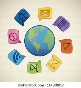 illustration of sketches of icons in text bubbles around the world, vector illustration