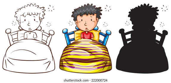 Illustration of the sketches of a man in bed on a white background 