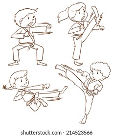 Illustration of the sketches of people doing martial arts on a white background