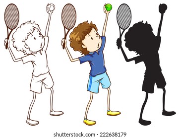 Illustration of the sketches of the tennis player in three different colours on a white background  