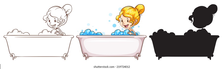 Illustration of the sketches of a young lady at the bathtub on a white background 