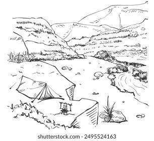 Illustration, sketching Camping, vacation A panoramic view of the surrounding mountains and the flowing river.