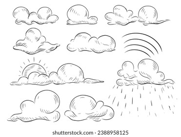 Ilustración Dibujo Esbozo Conjunto de nubes, sol, lluvia y arcos, estilo de tinta para obras de arte, logo, aprendizaje, scrapbooking.