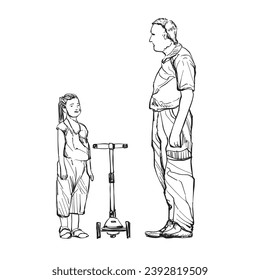 Illustration Sketching Grandfather and grandchild play scooter activities at the park people concept.