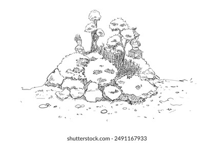 Illustration Sketching, Horizontal canopy garden with statues and rocks for decoration. outline.