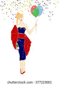 Illustration sketching.  Party pretty woman with a bottle of champagne and with balloons. 
The girl is a gift.