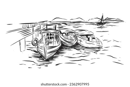 Illustration Sketching Three speedboats are docked 
next to a bridge in the sea.