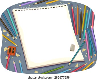 Ilustración de un cuaderno de dibujo rodeado de lápices de colores