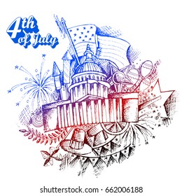 illustration of Sketchy hand drawn American Flag Background for Fourth of July, Independence Day of America