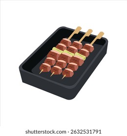 illustration Skewered meat with fries in a black tray
