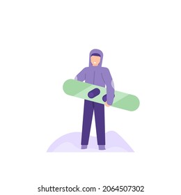 illustration of a ski athlete. person holding a snowboard. wear a jacket or winter clothes. people activity. flat cartoon style. vector design