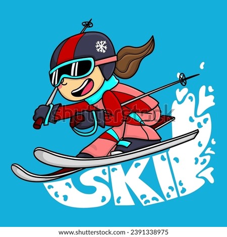 Illustration of a ski girl, skiing quickly over word ski, print design