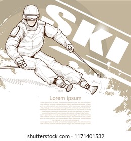 Illustration of ski. Skier hand drawn. skiing poster. Sport background.