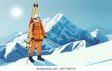 Illustration of a skier in bright orange gear standing atop a snowy peak with mountains in the background, concept of winter sports. Vector illustration