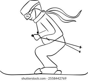 Illustration of skier, racer, graphic line drawing, white transparent background. Vector ski winter sports, mountains
