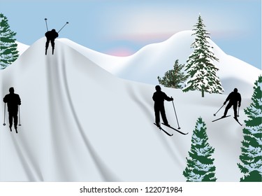 illustration with skier silhouettes on snow hills
