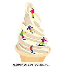 Illustration of skiers and snowboarders skiing in the snowy mountains of soft serve ice cream (white background, vector, cut out)