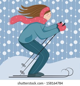 Illustration of skiing girl in the scarf