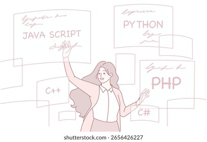 Una ilustración de una desarrolladora experta que trabaja con diferentes lenguajes y herramientas de programación