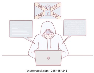 Eine Illustration eines erfahrenen Hackers, der sich auf ein Notebook mit verschiedenen Sicherheitswarnungen und Warnungen konzentriert