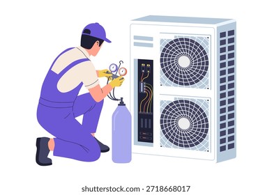 Ilustração de um técnico qualificado em manutenção uniforme em uma grande unidade de ar condicionado usando um manômetro e cilindro de gás