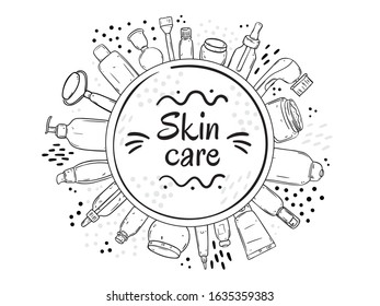 Illustration of skin care products. Circle shaped template with place for text. Black outline on a white background.