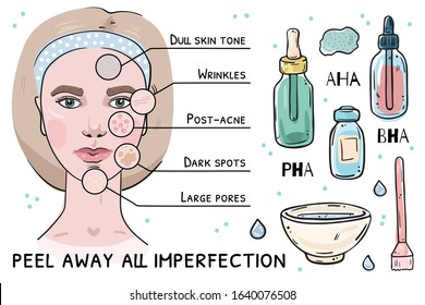 Illustration of skin problems that acid peeling solves. Girl's face and objects isolated on white background.