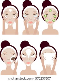 illustration of skin treatment,young girl doing morning routine,vector illustration of girl with problem skin,