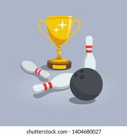 Illustration of skittles, bowling ball and gold winning cup isolated on light background with transparent shadows.