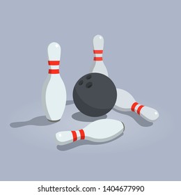 Illustration of skittles and bowling ball isolated on light background with transparent shadows.