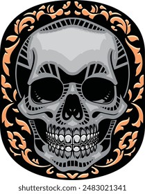 ILLUSTRATION OF A SKULL WITH ANCIENT ORNAMENTS