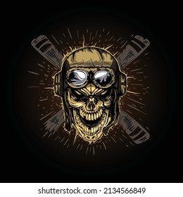 Illustration of a skull in an aviator helmet against the background of a propeller. T-Shirt and tattoo graphics.