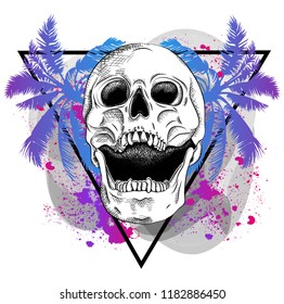  Illustration of skull in the background of a palm trees and triangles. Can be used for printing on T-shirts, flyers, etc. Vector illustration