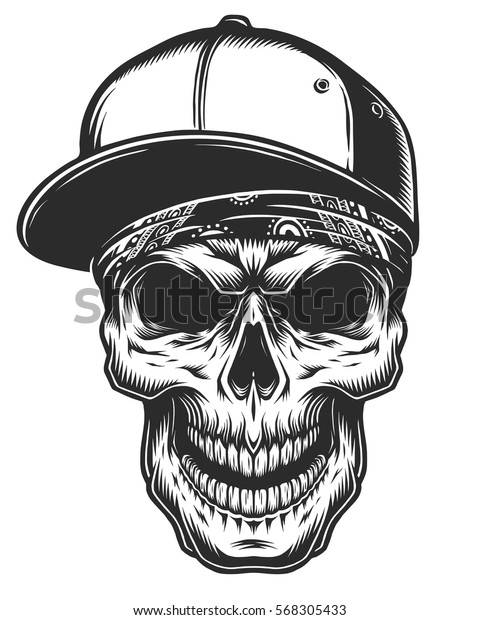 Illustration of the skull in\
bandana and baseball cap. Monochrome line work. Isolated on white\
background