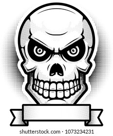 An illustration of a skull with banner.