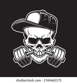 Illustration of skull with barbell in teeth in engraving style. Skull in baseball cap. Design element for logo, emblem, sign, poster, card, banner. Vector illustration
