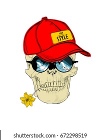 Illustration of a skull in a baseball cap, glasses, with a flower in the teeth. Isolated over white background