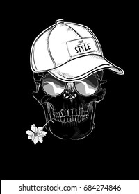 Illustration of a skull in a baseball cap, glasses, with a flower in the teeth. Isolated over black background