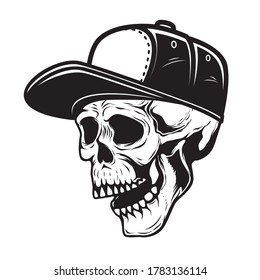 Illustration of skull in baseball cap in monochrome style. Design element for logo, emblem, sign, poster, card, banner. Vector illustration