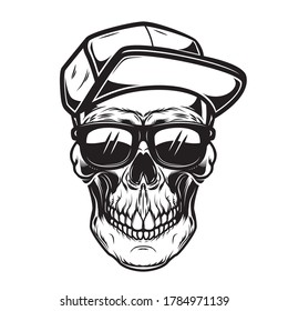Illustration of skull in baseball cap in monochrome style. Design element for logo, emblem, sign, poster, card, banner. Vector illustration