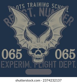 illustration of skull with bat wings in tattoo style, colorful military or motorcyclist, military texts and numbers.