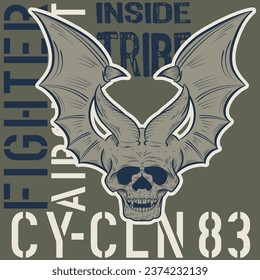 illustration of skull with bat wings in tattoo style, colorful military or motorcyclist, military texts and numbers.