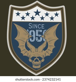 illustration of skull with bat wings in tattoo style, colorful military or motorcyclist, military texts and numbers.