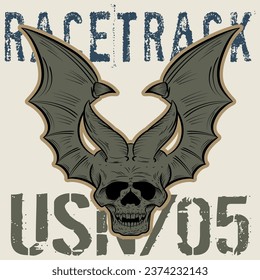 illustration of skull with bat wings in tattoo style, colorful military or motorcyclist, military texts and numbers.