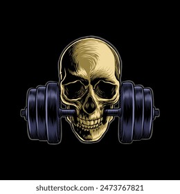 illustration of a skull biting a barbell