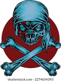 Illustration of skull and blue cross bones against the background of a red moon