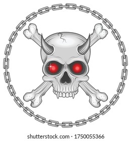 Ilustración del cráneo con hueso y cadena