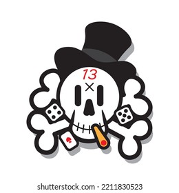 Illustration of a skull and bones in a cylinder hat, deadman smocking a cigarette, cards and dice. Vintage tattoo, sticker of a loser, bad luck in gambling.