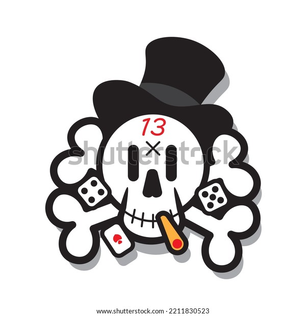 Illustration of a skull and bones in a\
cylinder hat, deadman smocking a cigarette, cards and dice. Vintage\
tattoo, sticker of a loser, bad luck in\
gambling.